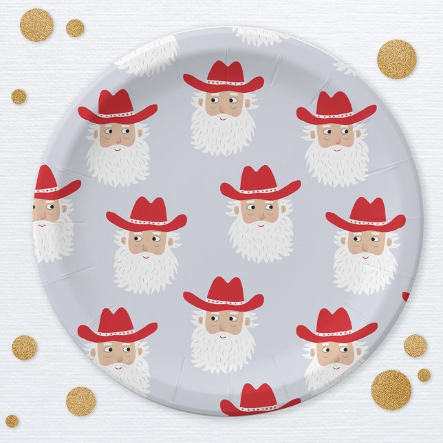 Cowboy Santa Claus Western Christmas Blue Paper Plate (Fun Cowboy Santa Claus Western Holidays Christmas party paper plate)