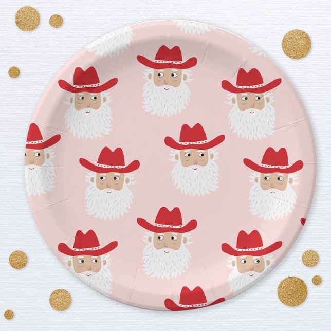 Cowboy Santa Claus Western Christmas Pink Paper Plate (Fun Cowboy Santa Claus Western Holidays Christmas party paper plate)