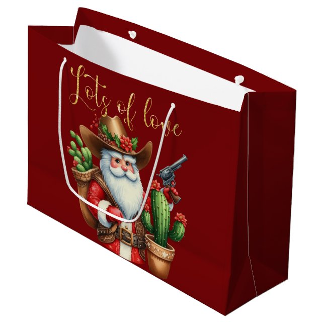Cowboy Santa Lots of Love Desert Cactus Pistol Large Gift Bag (Front Angled)