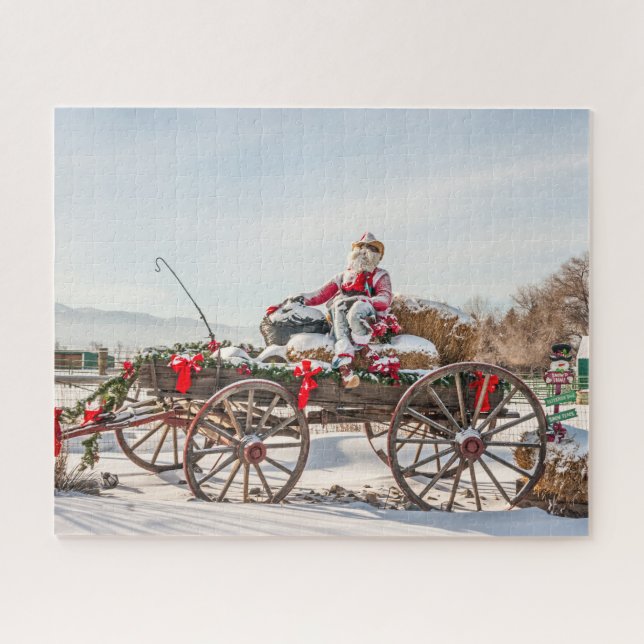 Cowboy Santa - Wagon with Hay Bales Jigsaw Puzzle (Horizontal)