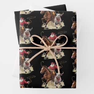 Cowboy Santa Western Roping Christmas Vintage Wrapping Paper Sheet