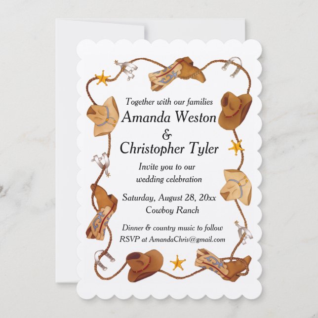 Cowboy scalloped wedding invitations (Front)