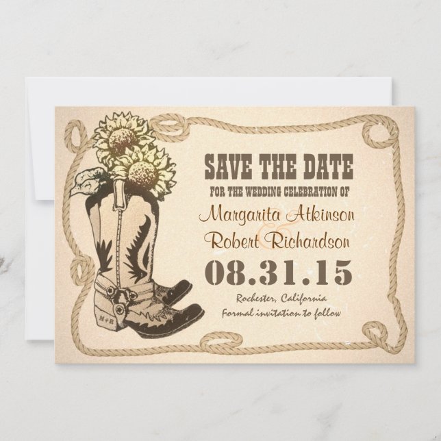 cowboy shoes country save the date cards (Front)