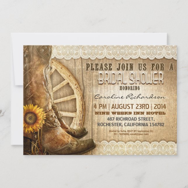 cowboy shoes sunflowers wood bridal shower invites (Front)