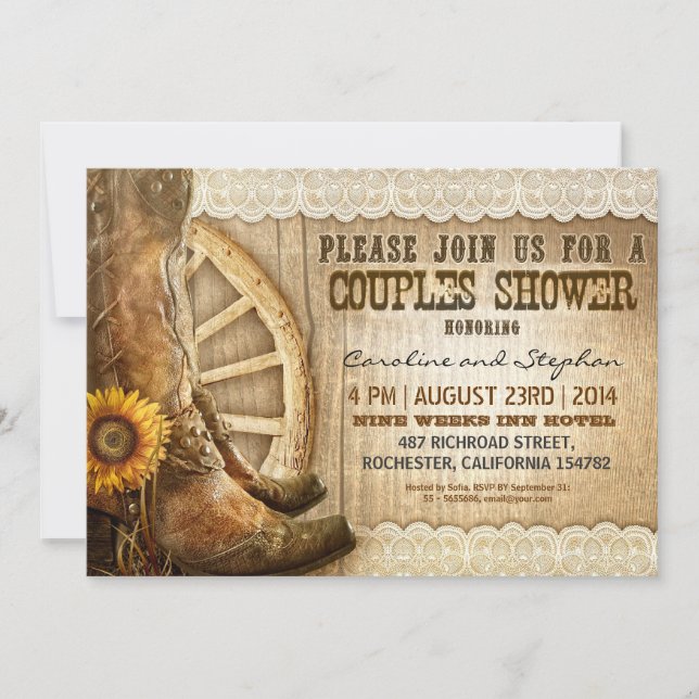 cowboy shoes sunflowers wood couples shower invite (Front)