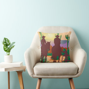 Cowboy Silhouette Desert Landscape Throw Pillow