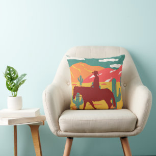 Cowboy Silhouette Desert Landscape Throw Pillow