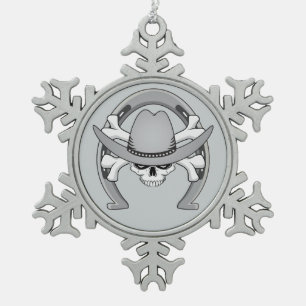 Cowboy Skull Horseshoe Snowflake Pewter Christmas Ornament