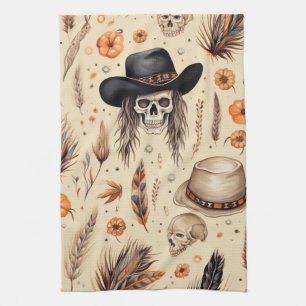 Cowboy Skull & Pumpkin Boho Seamless Pattern Tea Towel