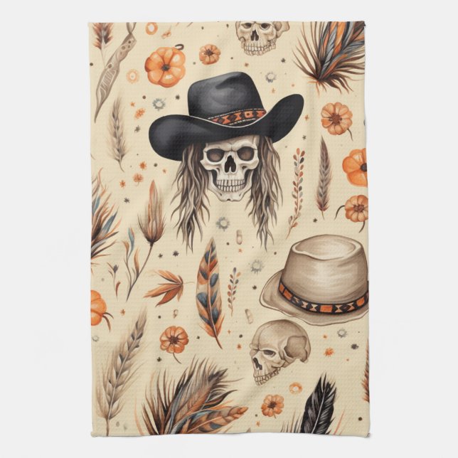 Cowboy Skull & Pumpkin Boho Seamless Pattern Tea Towel (Vertical)