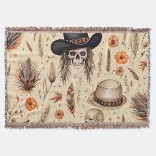 Cowboy Skull & Pumpkin Boho Seamless Pattern Throw Blanket