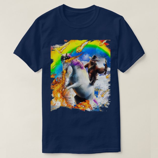 Cowboy Sloth On Rainbow Fire Unicorn T-Shirt (Design Front)