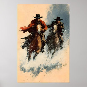 Cowboy Snow Charge Art Print, Vintage Western Acti Poster