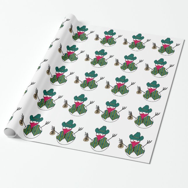 Cowboy Snowman Bandito with Money Bag Wrapping Paper (Unrolled)