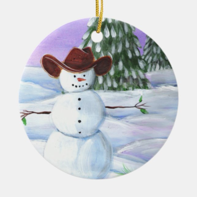 Cowboy Snowman Ceramic Tree Decoration (Front)