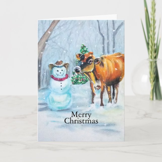 Cowboy Snowman & Cow Christmas Winter Scene Holiday Card (Front)