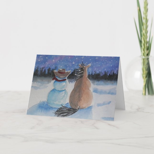 Cowboy Snowman & Horse Christmas Winter Scene Holiday Card (Front)