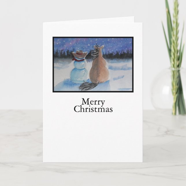 Cowboy Snowman & Horse Christmas Winter Scene Holiday Card (Front)