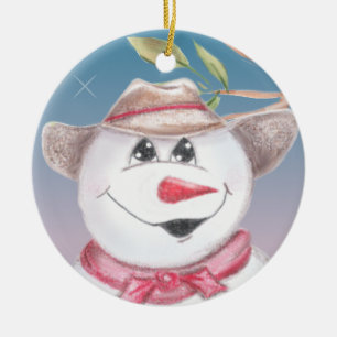 Cowboy Snowman in Red Scarf Illustratied Ornament