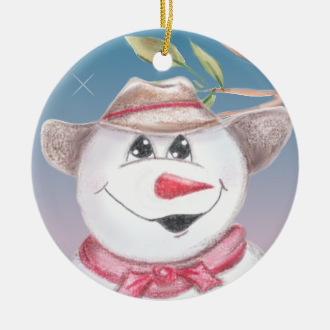 Cowboy Snowman in Red Scarf Illustratied Ornament (Front)