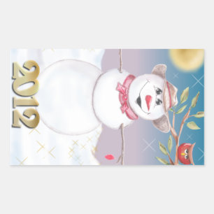 Cowboy Snowman & Owl Winter Scene Rectangular Sticker