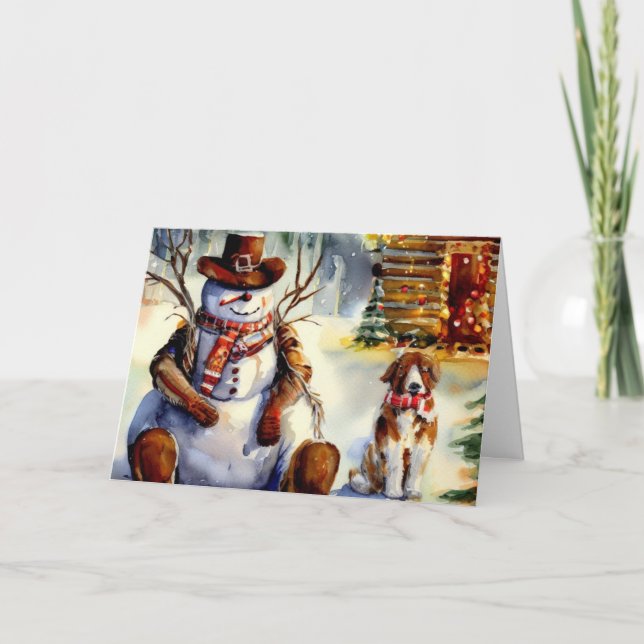 Cowboy Snowman & Saint Bernard Christmas Holiday Card (Front)