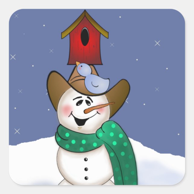 Cowboy Snowman with Birdhouse Square Sticker (Front)