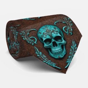 Cowboy Southwestern Brown Teal Sugar Skull Tie