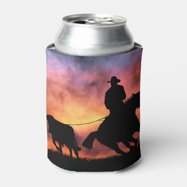 Cowboy Steer Roping off of Horse Can Cooler (Can Front)