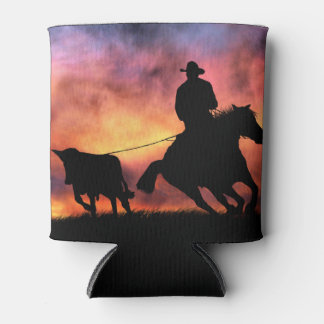 Cowboy Steer Roping off of Horse Can Cooler