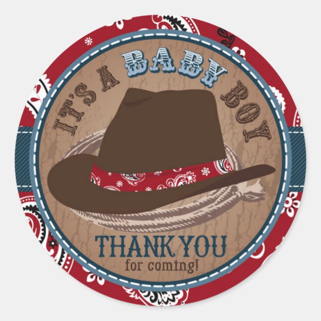 Cowboy Stetson Hat Western Baby Shower Classic Round Sticker (Front)