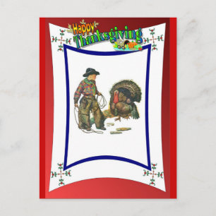 Cowboy style turkey catching holiday postcard