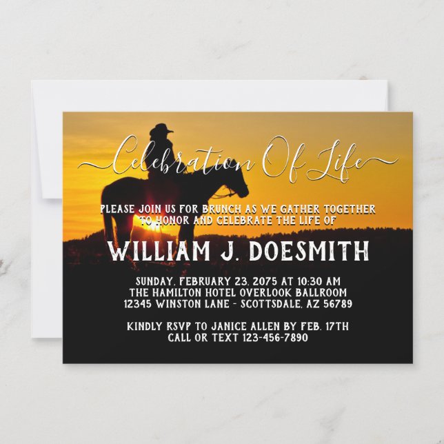 Cowboy Sunset Funeral Memorial Service Invitation (Front)