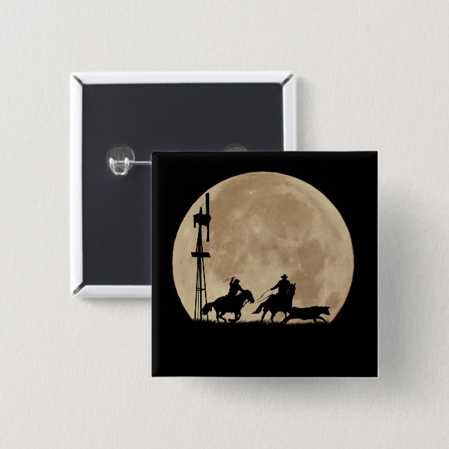 Cowboy Team Roping Rodeo With Windmill and Moon 15 Cm Square Badge (Front & Back)