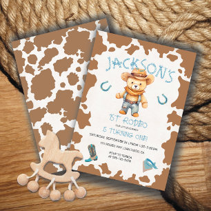 Cowboy Teddy Bear 1st Rodeo Cow pattern Birthday Invitation