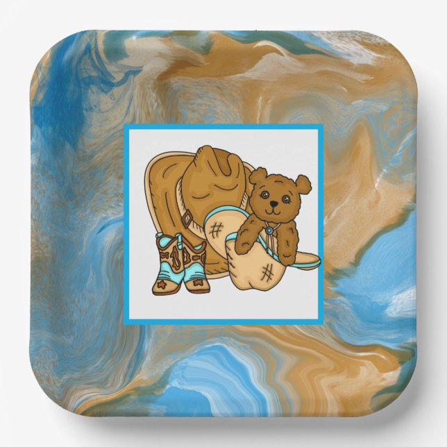 Cowboy Teddy Bear Boy’s Baby Shower Paper Plate (Front)