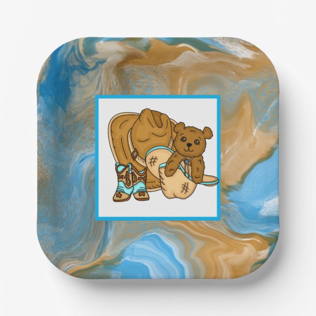 Cowboy Teddy Bear Boy’s Baby Shower Paper Plates (Front)