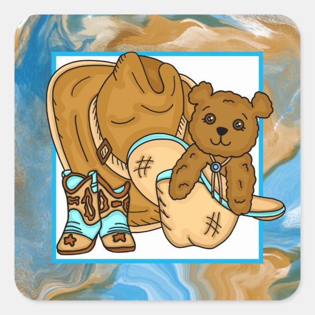 Cowboy Teddy Bear Boy’s Teddy Bear Baby Shower  Square Sticker (Front)