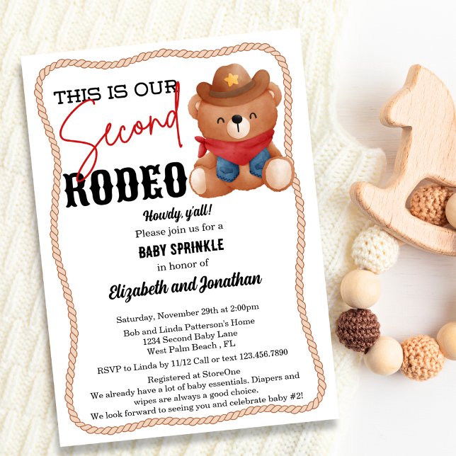 Cowboy Teddy Bear Rodeo Red Second Baby Sprinkle Invitation (Creator Uploaded)