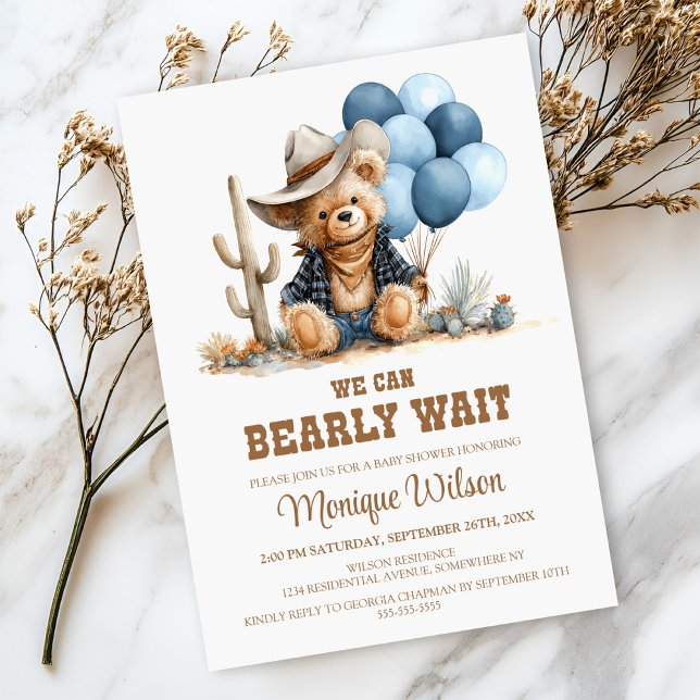 Cowboy Teddy Bear We Can Bearly Wait Baby Shower Invitation (Creator Uploaded)