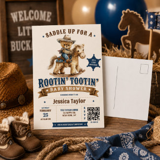 Cowboy Teddy Bear Western QR RSVP Baby Shower Postcard
