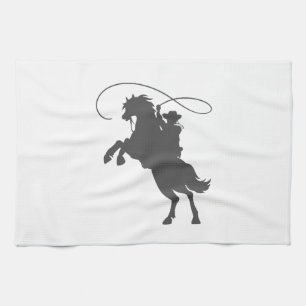 cowboy throwing lasso riding rearing up horse tea towel