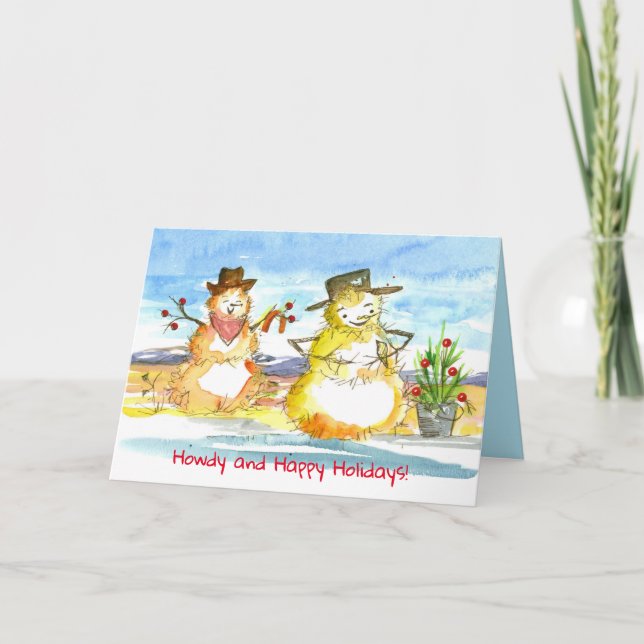 Cowboy Tumbleweed Snowmen Happy Holidays Christmas Card (Front)