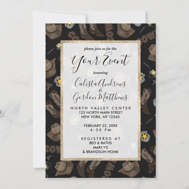 Cowboy Typography Artsy Cool Brown Watercolor Invitation (Front)