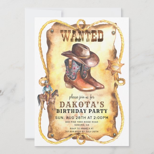 Cowboy Wanted Poster Birthday Party  Invitation (Front)