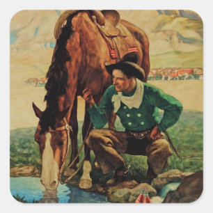 Cowboy Watering His Horse by NC Wyeth Square Sticker