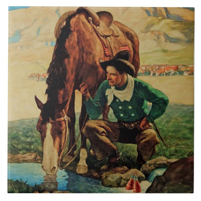 Cowboy Watering His Horse by NC Wyeth Tile (Front)