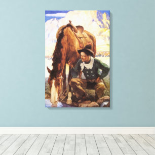 Cowboy Watering His Horse by NC Wyeth, Vintage Art Canvas Print