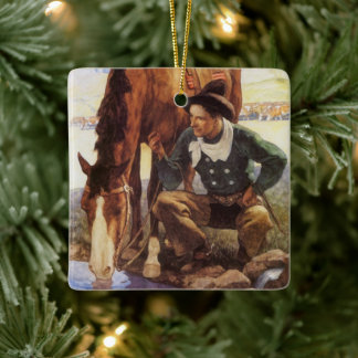 Cowboy Watering His Horse by NC Wyeth, Vintage Art Ceramic Tree Decoration