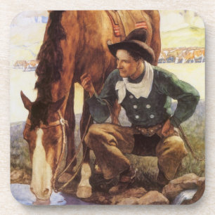 Cowboy Watering His Horse by NC Wyeth, Vintage Art Coaster